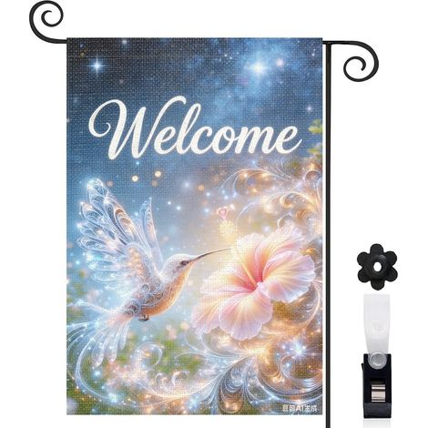Drapeau de jardin décoratif bienvenue 30 x 45 cm toile lavable double face motif nature fleurs et oiseau pour maison campagne extérieur (1/5)