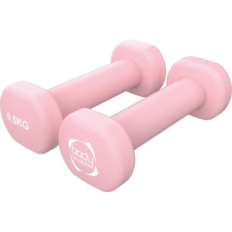Par de mancuernas de neopreno 2 x 0,5 kg – Pesas de mano de hierro fundido revestido, forma hexagonal antirrodadura, antideslizantes – Para entrenamiento en casa, pilates, fuerza y fitness