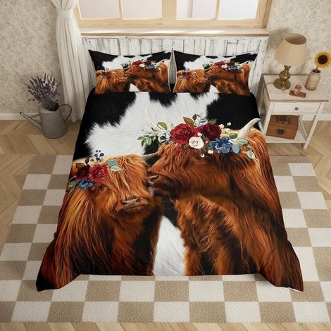 Highland Cow Bettbezug Set 135x200cm, Rustikales Kuhfell Design, Bauernhaus Bettwäsche mit Kissenbezug