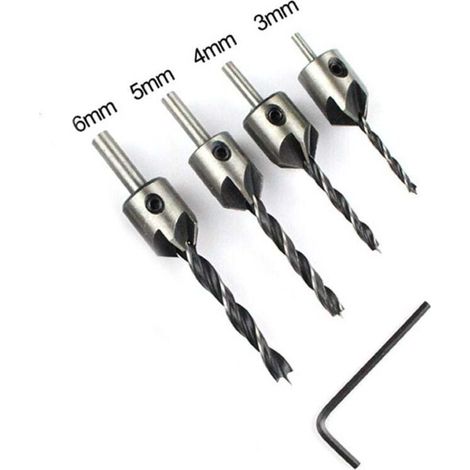 Drill Bit Countersunk Head Piece Wood Reaming Woodworking Drill Guide Chamfer Drill Bit High Speed Steel Drill Bit 4 Sets (1/5)