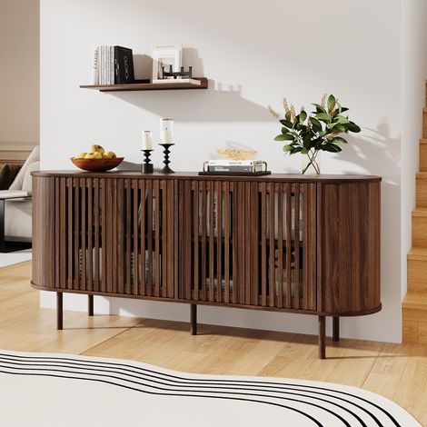 Aparador de MDF de 160 x 40 x 70 cm con 4 puertas correderas perforadas, cajonera con estantes ajustables y robustas patas metálicas, mueble de almacenamiento para salón, recibidor o comedor. (1/5)
