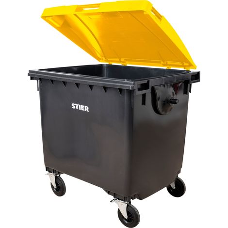 STIER 4-Rad-Müllgroßbehälter, 1100 l, grau/gelb, Flachdeckel, BxTxH 137x107x132cm, 360° Schwenkrollen, DIN EN 840-1 (1/5)