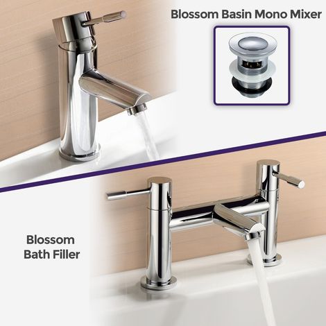 Blossom Modern Deck Mounted Bath Filler Tap & Basin Sink Single Lever Tap + Free Waste
