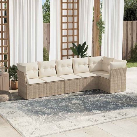 Canapé Jardin Résine Tressée Beige 6 Places avec Coussins Blanc Crème - Ensemble Salon Extérieur Modulaire (1/3)
