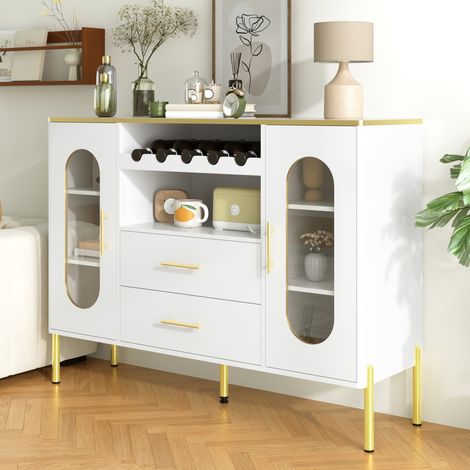 Madia bianca e oro 120 cm - grande mobile contenitore con portabottiglie integrato, 2 cassetti e 2 ante vetrate ovali