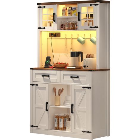 Buffet haut de cuisine Blanc,meuble moderne avec LED,avec 2 tiroirs,plan de travail,prise avec USB,100x40x172cm (1/5)