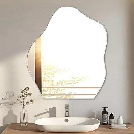 Miroir Mural Asymétrique Miroir Adhesif Mural Verre Trempé Grand Miroirs Salle de Bain, Miroirs Décoratifs Irrégulière Organique pour Chambre Porte Salon Entree (47.7 x 38cm) (1/5)