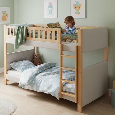 REDOM - Letto a castello 90x200 cm con bordi morbidi antiurto, scaletta dritta a 4 gradini, grigio e legno naturale (materasso non incluso) (1/5)