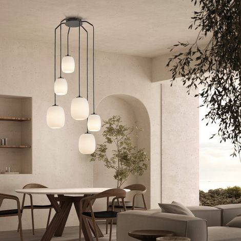 Grande suspension 6 lampes verre opale Jap noir (1/4)