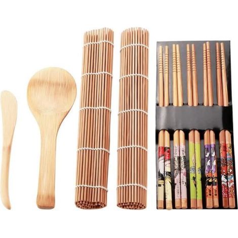 Kit Sushi - Rouleau Bambou - Couteau Sushi - Cuillère à Riz - Baguettes - Tapis à Rouler - 11 Pièces (1/4)