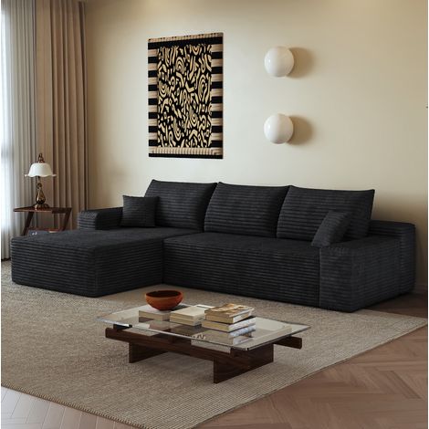 Canapé d’angle modulaire 270 cm noir en tissu avec méridienne réversible sans montage (1/5)
