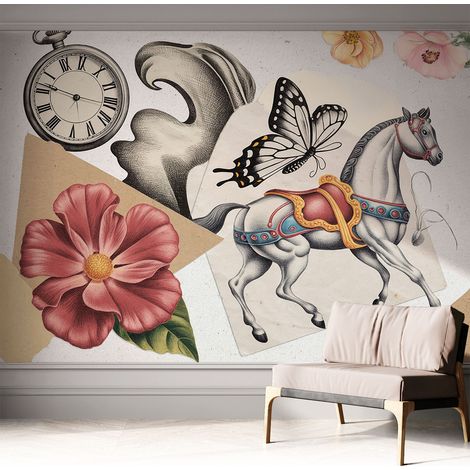 Papier peint adhésif décoratif pour salon chambre et cuisine Facile à poser avec colle Fleurs vintage 312x219 cm (1/5)