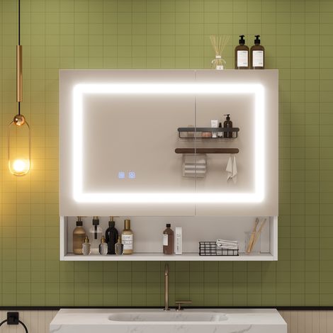Armoire de Toilette avec Miroir LED 80x70 cm, Meuble Rangements Salle de Bain Anti-buée, 2 Portes Soft-Close, Étagère Réglable, Style Moderne, Blanc (1/5)