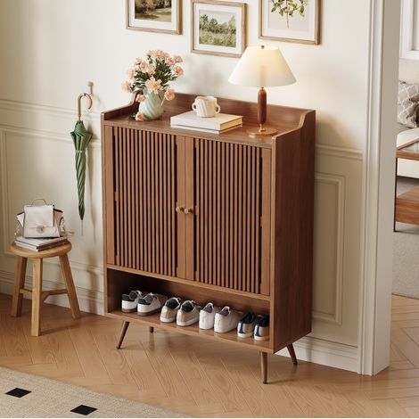 Meuble à chaussures 80 x 35 x 105 cm pour entrée, rangement ventilé avec étagère fixe, MDF, pin et noyer (1/5)