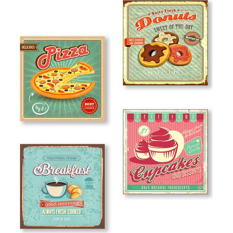 Lupia - Set Quadri Canvas su Carta Telata, Tema Vintage Food, 4 Pezzi Separati, Pronti da Appendere, 16x16 cm, Multicolore, Made in Italy, Decorazione per Cucina, Pizzeria Ristorante Bar pub (1/4)