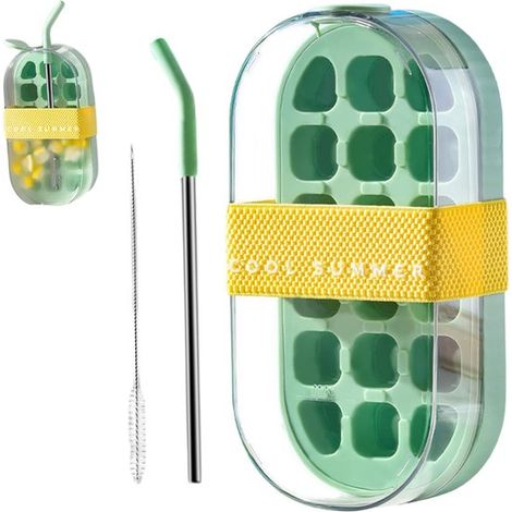 Botella para cubitos de hielo con pajita,botella de agua 2 en 1,cubitera con tapa y recipiente,fácil de desmontar (1/5)