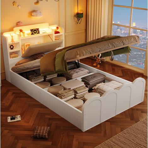 Polsterbett 90/200 cm weiß aus Kiefer mit hydraulischem Stauraum, LED und USB-C (1/5)