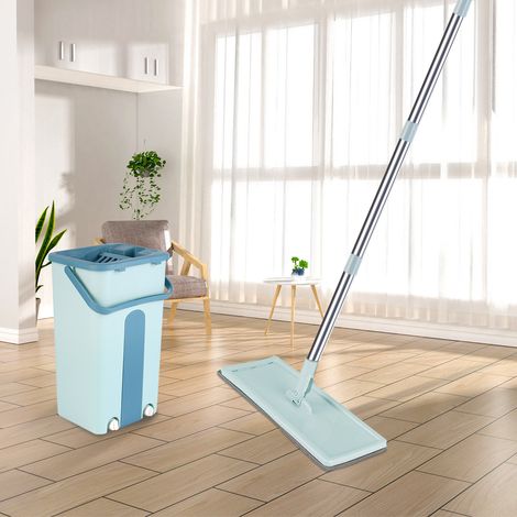 Balai Microfibre et Seau Essoreur Vadrouille Plat avec 2 Serpillières Réutilisables bleu vert (1/5)