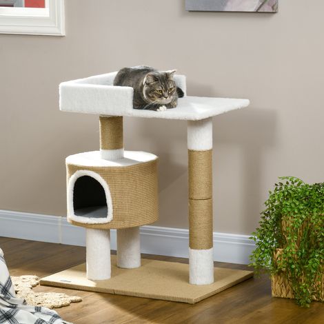 Árbol para gatos 70x49x79 cm de yute marrón/blanco con caseta - MEUBLIV (1/5)