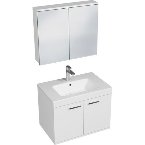 RUBITE Meuble salle de bain simple vasque 2 portes blanc largeur 70 cm + miroir armoire (1/4)