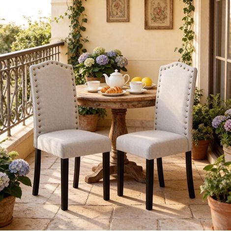 Set di 2 sedie da pranzo in lino grigio chiaro con schienale alto e gambe in legno massiccio (1/5)