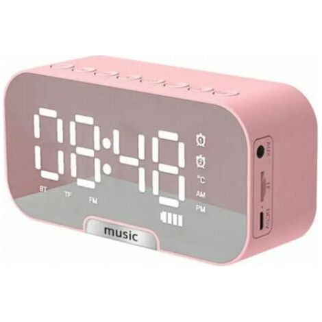 Horloge multifonctionnelle 5 en 1, haut-parleur BT, radio FM, réveil miroir numérique, affichage température, rechargeable - Rose (1/5)