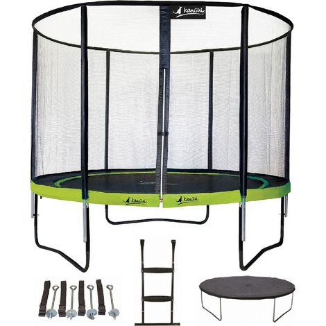 Trampoline rond 305 cm avec filet, échelle et kit d'ancrage – Structure en acier galvanisé – Charge max 90 kg – Couverture de propreté – Kangui