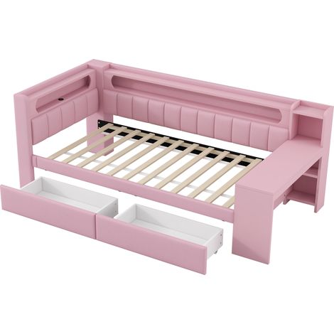 Gepolstertes Bett 90 x 200 cm mit USB, LED, Schreibtisch und 2 Schubladen, rosa MODENUIT (1/5)