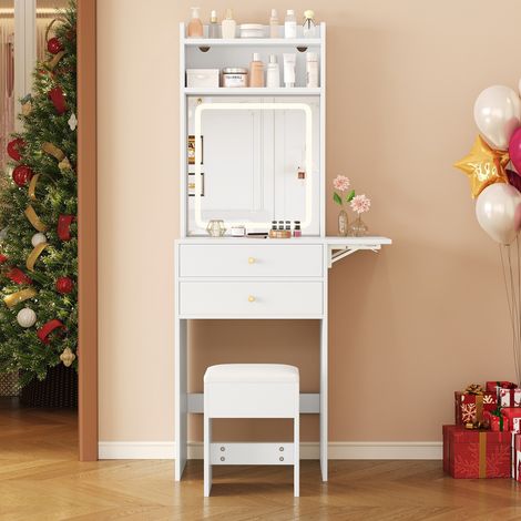 Frisiertisch mit Spiegel und verstellbarer LED-Beleuchtung – mit Hocker, 2 Schubladen, 2 Fächern und klappbarer Ablage – 75 x 156 x 45 cm – Weiß (1/5)