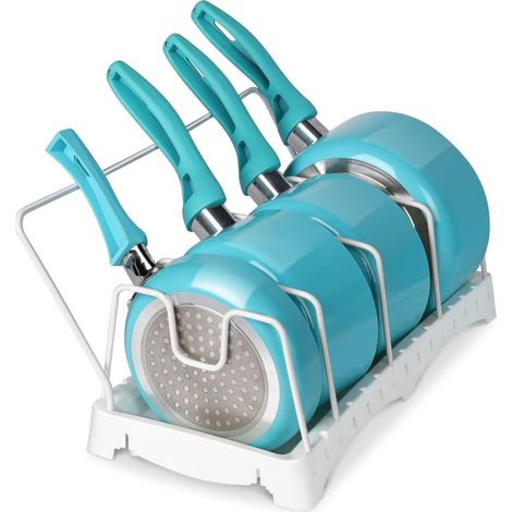 Étagère de rangement pour casseroles et poêles, support de rangement pour couvercles avec 5 compartiments réglables et 1 compartiment long, organisateur de casseroles pour placard de cuisine (1/5)