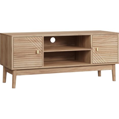 Meuble TV avec grand espace de rangement, style mid-century farmhouse, pour téléviseurs 32 à 45 pouces, finition bois clair et portes grillagées  CHICFURN (1/5)