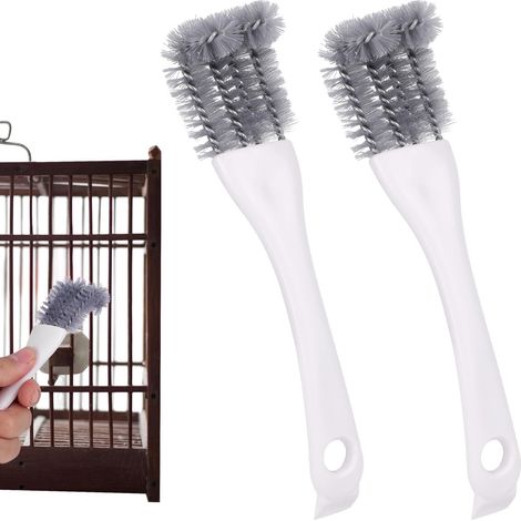 Brosse Nettoyage Cage Oiseaux - Lot de 2 - Plastique et Fer - Manche Long 17,5cm - Perchoirs Perroquets - Blanc et Gris (1/5)