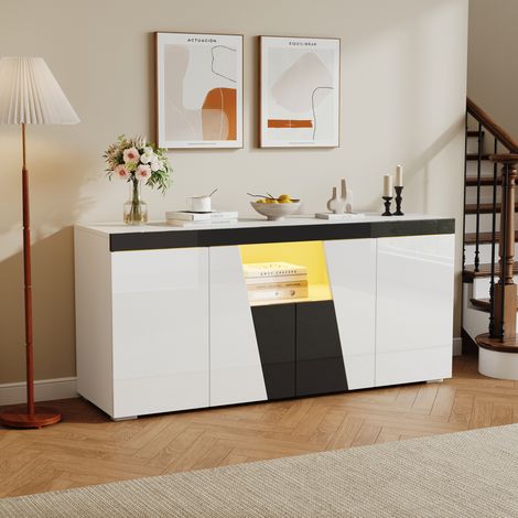Aparador 140/40/65 cm blanco y negro con 4 puertas, LED y estantes regulables (1/5)