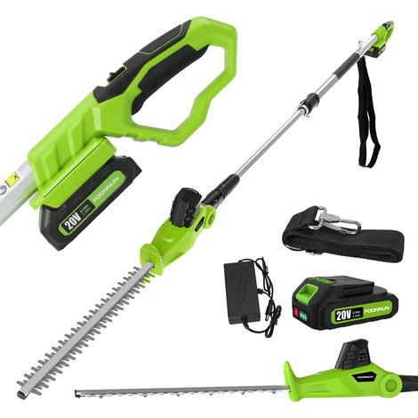 Taille-Haies sur Perche sans Fil téléscopique, Electrique Pole 20V 2.0Ah, (Longueur: 49cm, Capacité: 16mm), avec 1 Batterie Chargeur, Pole d'extension de 2.4M Cutter (1/5)