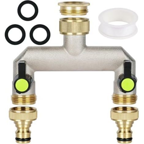 Adaptateur de robinet 2 voies, répartiteur de tuyau pour collecteur de robinet en laiton 3/4", adaptateur de tuyau pour robinet 2 voies, avec 2 sorties 3/4", 1 bande d'étanchéité à rouleau