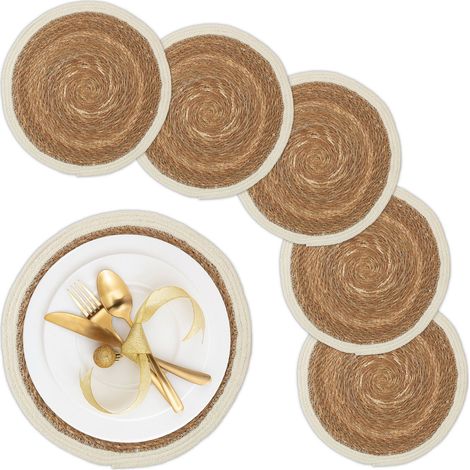 Relaxdays Place Mat Set, 6x Coaster, Tableware, Table Protector, Round, Ø 36 cm, Water Hyacinth Material, Natural/White