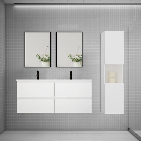 Ensemble 2 meubles blanc et vasques L.120cm 4 tiroirs + colonne1 haut + lavabo + 2xmiroir-suspendu (1/5)