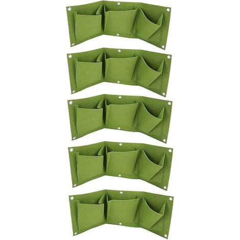 Lot de 5 sacs à plantes muraux suspendus, jardinières verticales extérieures 3 poches, accessoire de culture décoration extérieure vert (1/5)