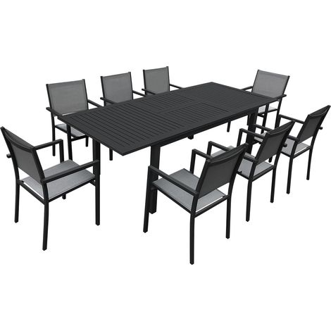 Happy Garden – Salon de jardin extensible 8 places en textilène gris – Table aluminium anthracite L 173/244cm – Chaises empilables (1/5)