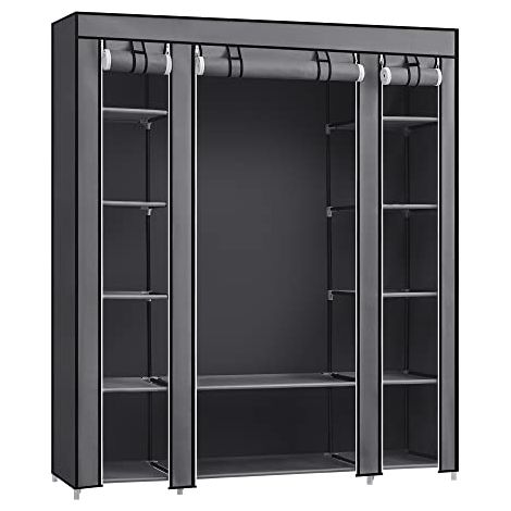 Tragbarer Kleiderschrank, faltbarer Kleiderschrank, Kleideraufbewahrung, Organizer mit Hängestange, Regalen, Stoffbezug, für Schlafzimmer, Garderobe, 150 x 45 x 175 cm, Grau LSF03G (1/5)