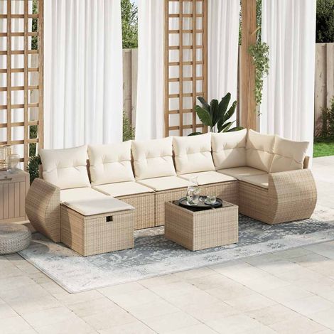 Salon de Jardin 8 Places en Résine Tressée Beige avec Coussins - Ensemble Modulaire avec Table et Rangement (1/5)