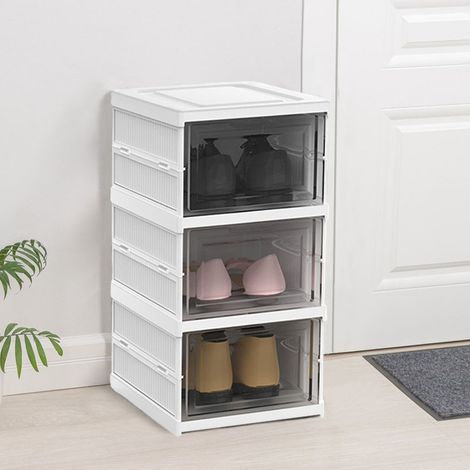 54cm H White 3 Tier Foldable Shoe Storage Box Unit (1/5)