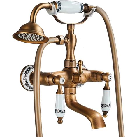 Robinet mélangeur mural rétro pour baignoire – Finition laiton doré – Entraxe 150 mm – Douchette flexible 150 cm – Manettes céramique – Mirlo