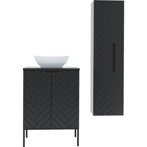 Conjunto de muebles con lavabo individual 60cm 2 puertas sobre patas y columna Daria Negro (1/5)