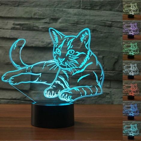 Veilleuse chat 3D, lampe à illusion d'optique, veilleuse animalière, 7 couleurs changeantes, interrupteur tactile, lampe de table/bureau, cadeau