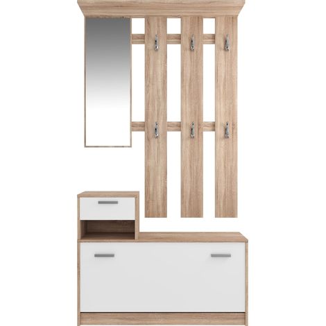 Mobile Belem Mobiletto da Ingresso con Scarpiera Appendiabiti e Specchio Arredo Arredamento Corridoio Entratina 97 x 35 x 25 cm (Bianco e Grigio Cemento) - Colore: Bianco e Quercia
