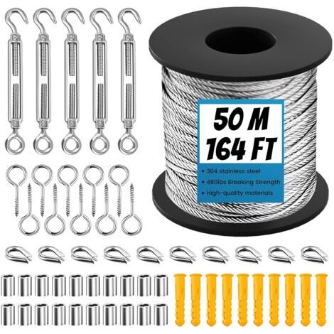 1 - Câble Acier Inoxydable - Kit Suspension Jardin - Fil Gainé PVC 2mm Avec Tendeurs M5 - Pour Plantes Grimpantes Et Extérieur - Argent - 50M