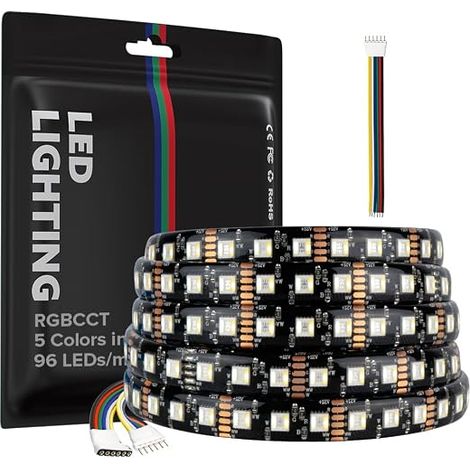 LED Strip 5050 RGBCCT 5 in 1 RGB Warm White 3000K-6000K 12V 5M 96LEDs/m IP65 Waterproof RGBW RGBWW LED Strip for Home and Bedroom Lighting (1/5)