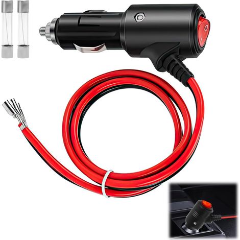 Allume-cigare, prise, 12 V, 24 V, avec interrupteur et LED, rallonge allume-cigare, 120 W/180 W, âme en cuivre pur, fiche 12 V nickelée avec fusible 10-15 A