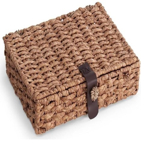 Boîte de rangement décorative en rotin avec couvercle, grand panier tressé en jacinthe d'eau, marron, 37 x 28 x 12,5 cm